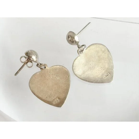 Heart Shaped Hand Carved Vintage Sterling Silver 925 Dangling Earrings - Picture 11 of 12